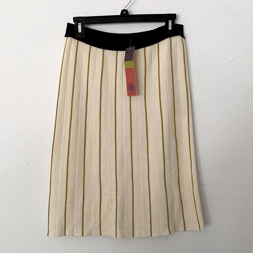 TORY BURCH Lena Ivory Mustard Stripe Knit Pull On Sz M Knee Length Skirt - Picture 4 of 7